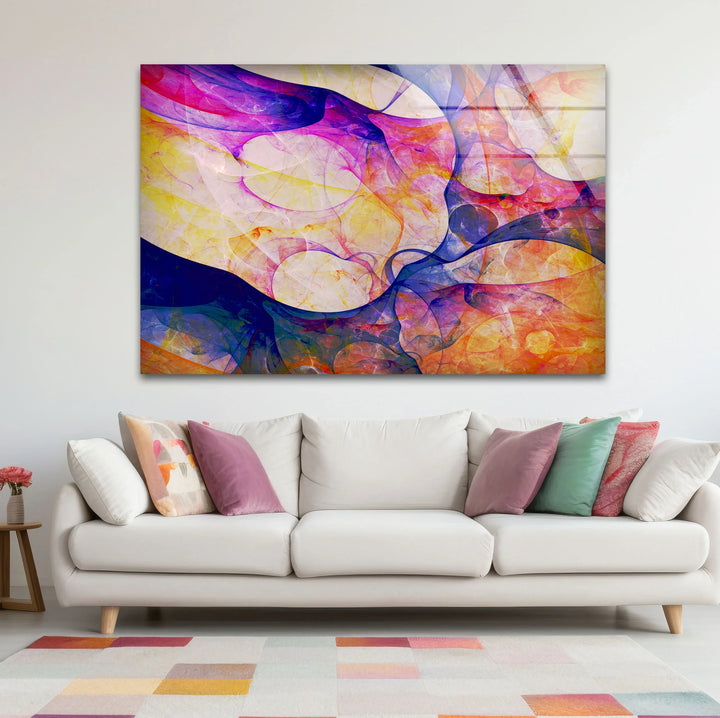 Color Swirl Abstract Glass Wall Art – Vibrant Purple, Yellow & Blue Modern Decor - MyPhotoStation