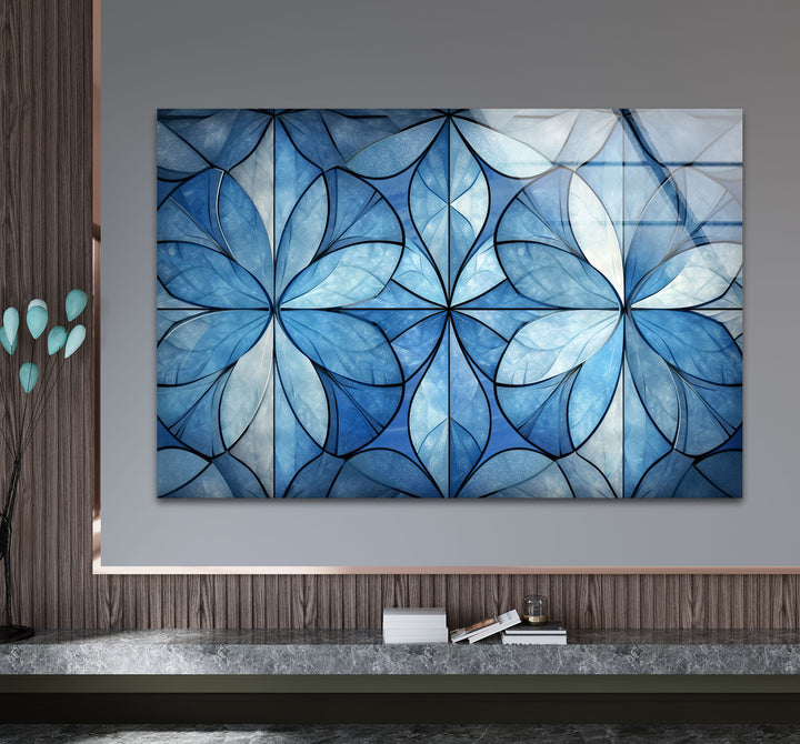 Blue Floral Geometric Wall Art – Modern Glass Panel with Elegant Petal Design