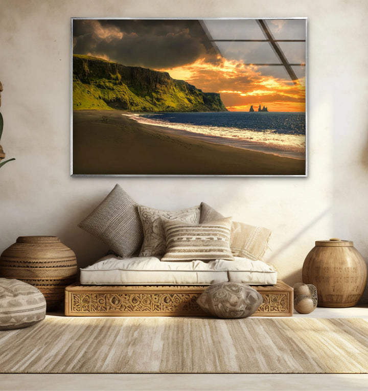 Sunset Cliffs Coastal Wall Art – Iceland Beach Landscape Glass Print - MyPhotoStation