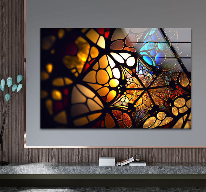 Goldene Buntglas-Wandkunst – Beleuchtete Mosaik-Lichtreflexionen