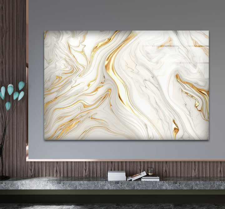 White & Gold Marble Glass Wall Art – Elegant Luxury Abstract Design
