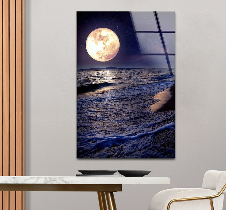 Moonlit Ocean Wall Art – Full Moon Over Waves Glass Print, Night Seascape Decor for Bedroom & Living Room - MyPhotoStation