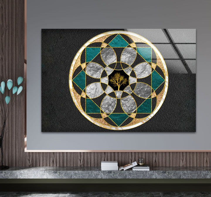 Wandkunst mit heiliger Geometrie, Baum des Lebens – Moderne Glasplatte mit goldenem Mandala-Design