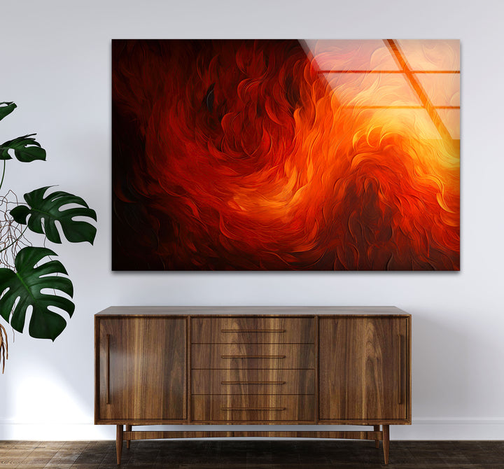 Fiery Abstract Glass Wall Art – Vibrant Red & Orange Flame Energy