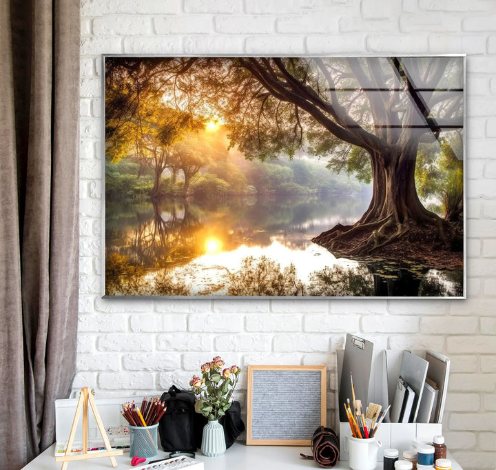 Golden Forest Sunrise Reflections – Majestic Tree and River Glass Wall Art - MyPhotoStation
