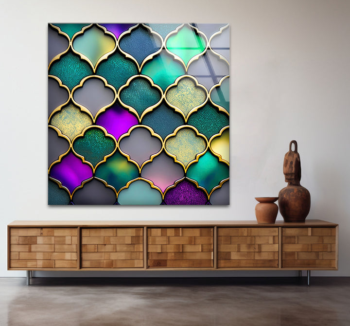Moroccan Geometric Stained Glass Wall Art – Luxurious Gold & Teal Decor