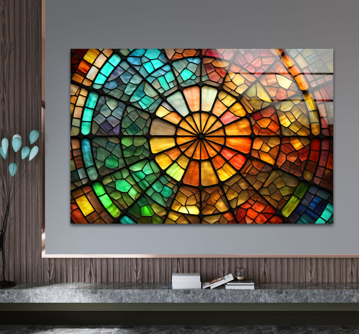 Radiant Wheel Mosaic Stained Glass Wall Art – Colorful Circular Window Decor