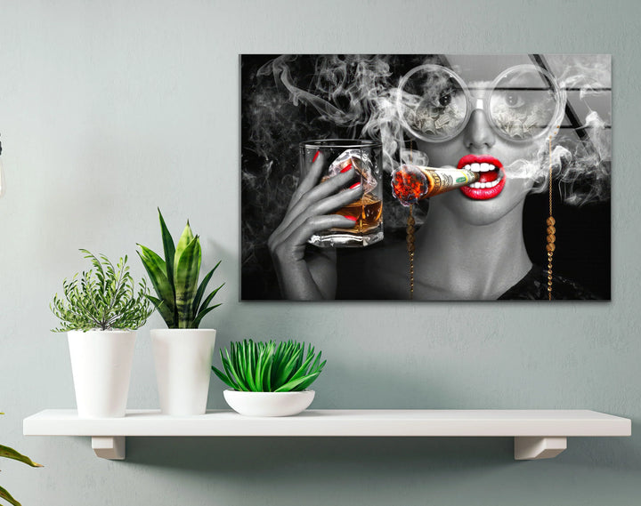Luxury Diva Wall Art with Whiskey and Dollar Cigar – Bold Glam Glass Print - MyPhotoStation