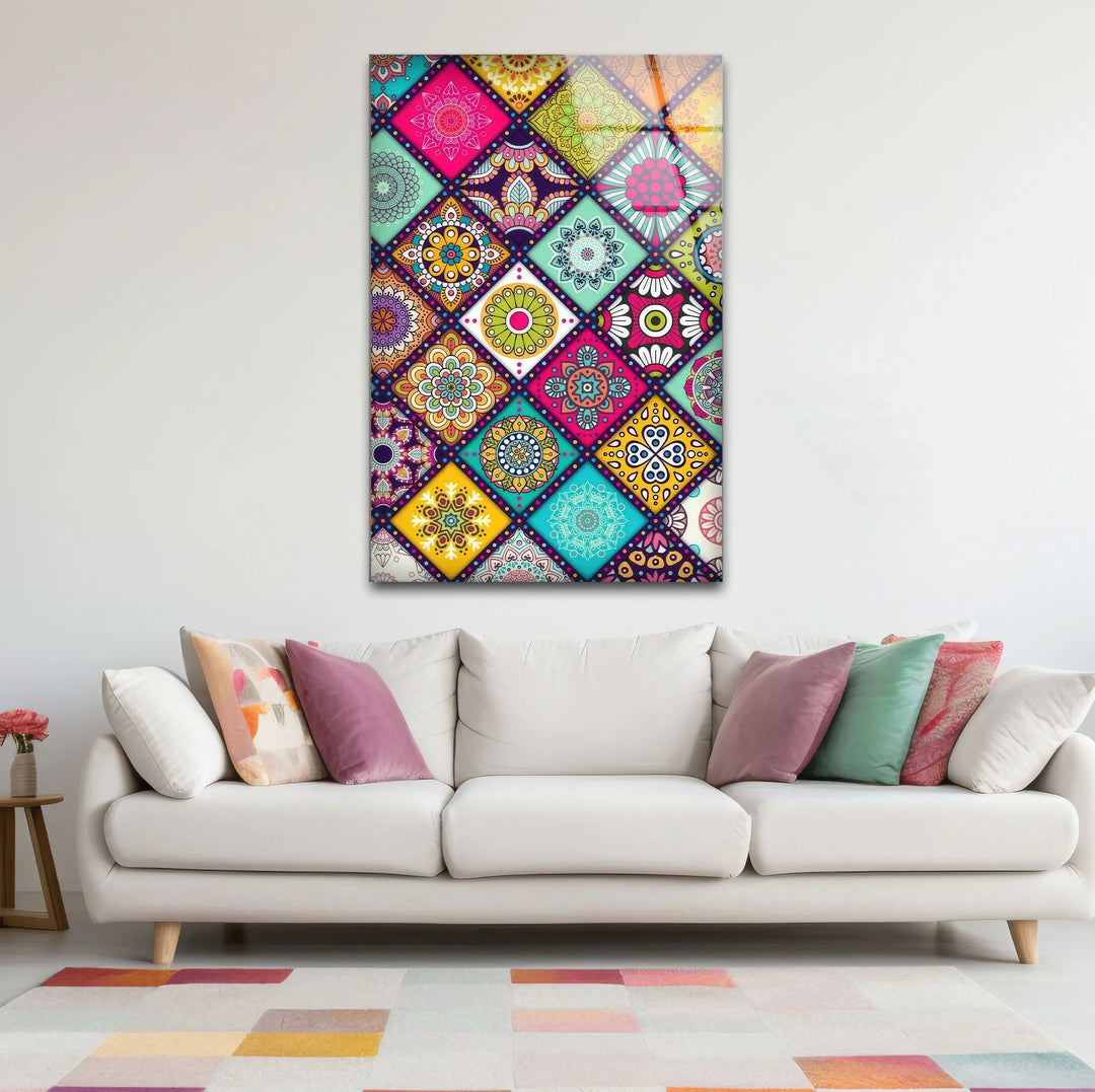 Bohemian Mandala Glass Wall Art – Colorful Mosaic Pattern for Eclectic Interiors - MyPhotoStation