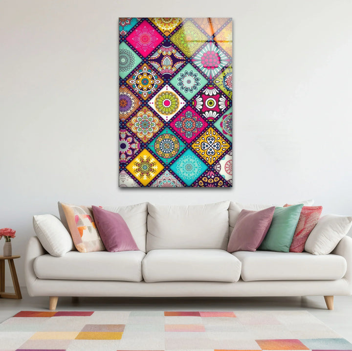 Bohemian Mandala Glass Wall Art – Colorful Mosaic Pattern for Eclectic Interiors - MyPhotoStation
