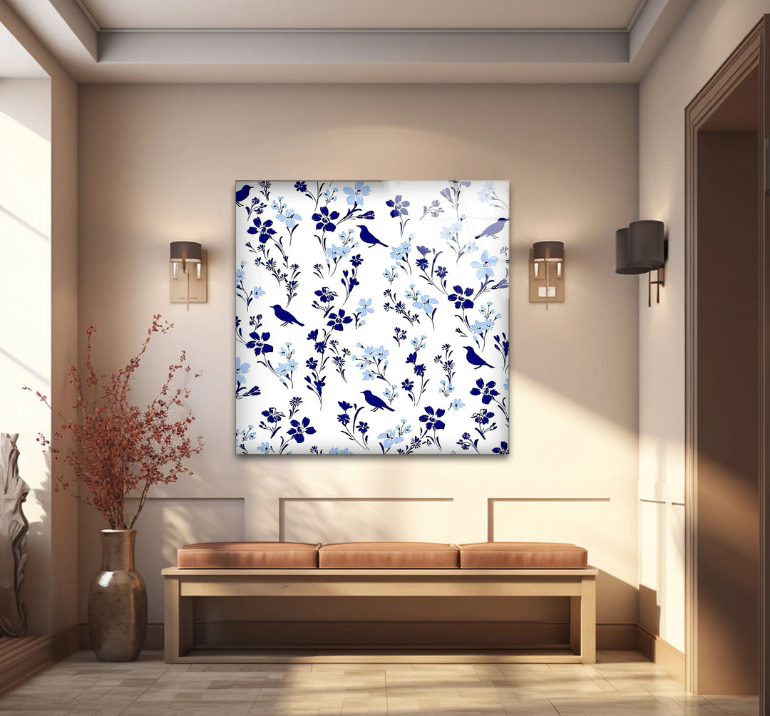 Blue Bird and Wildflower Pattern Wall Art – Elegant Floral Glass Print for Nature Lovers - MyPhotoStation