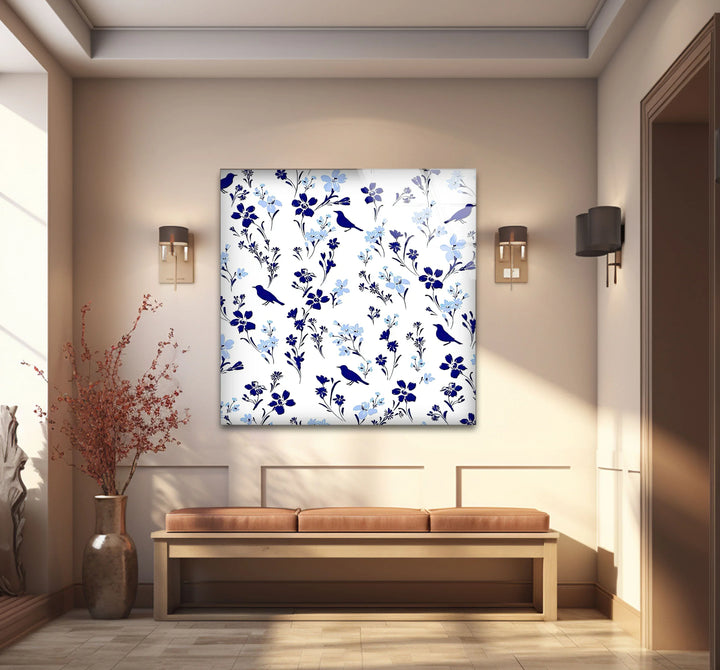 Blue Bird and Wildflower Pattern Wall Art – Elegant Floral Glass Print for Nature Lovers - MyPhotoStation