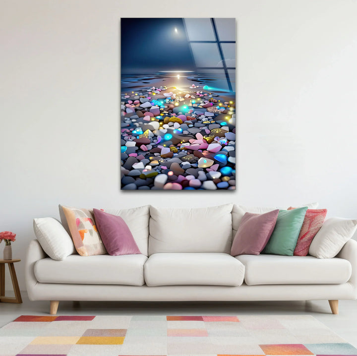 Colorful Pebble Beach at Sunset – Dreamy Ocean Glass Wall Art for Modern Decor - MyPhotoStation