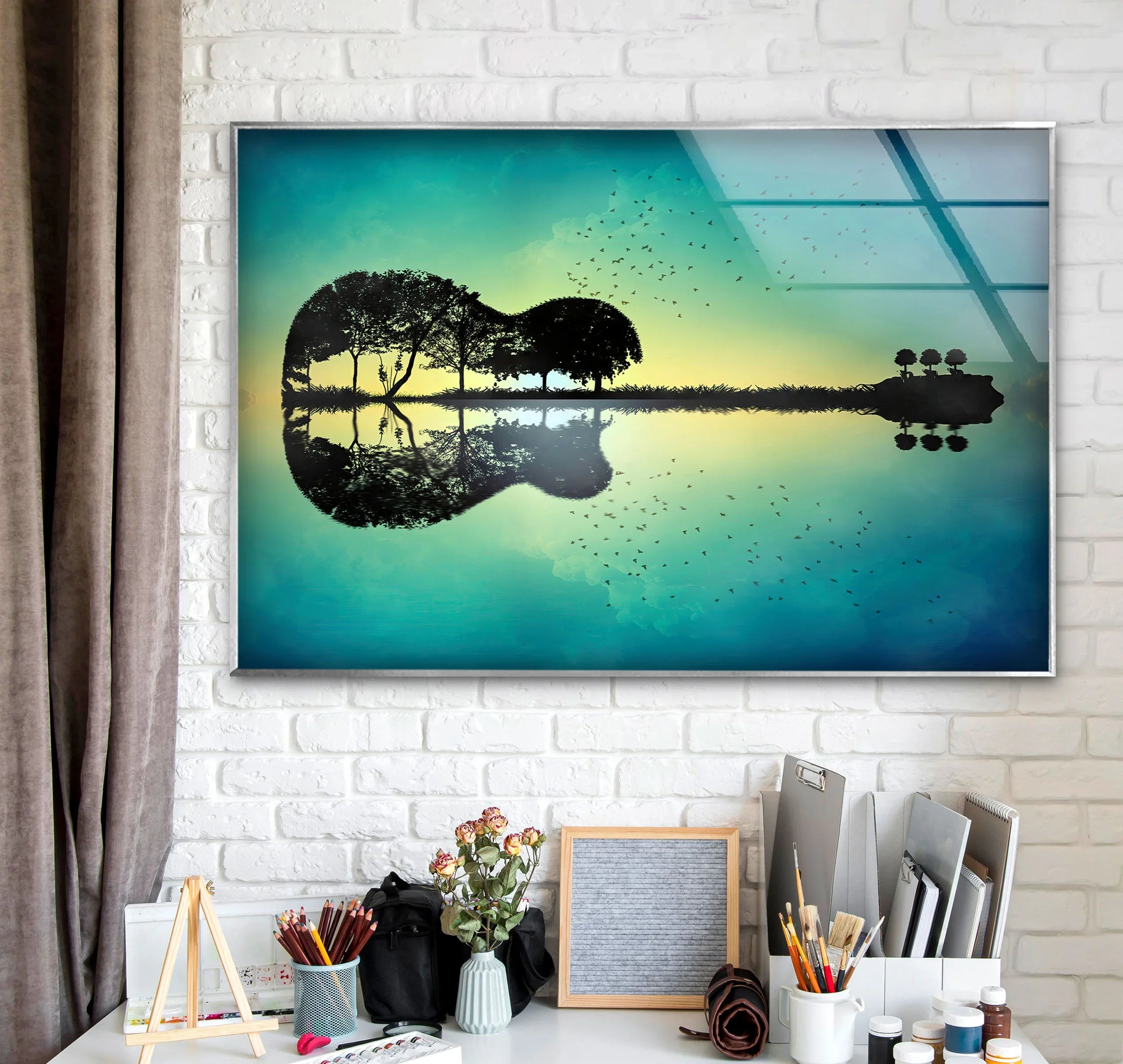 Guitar Island Nature Wall Art – Surreal Landscape Glass Print