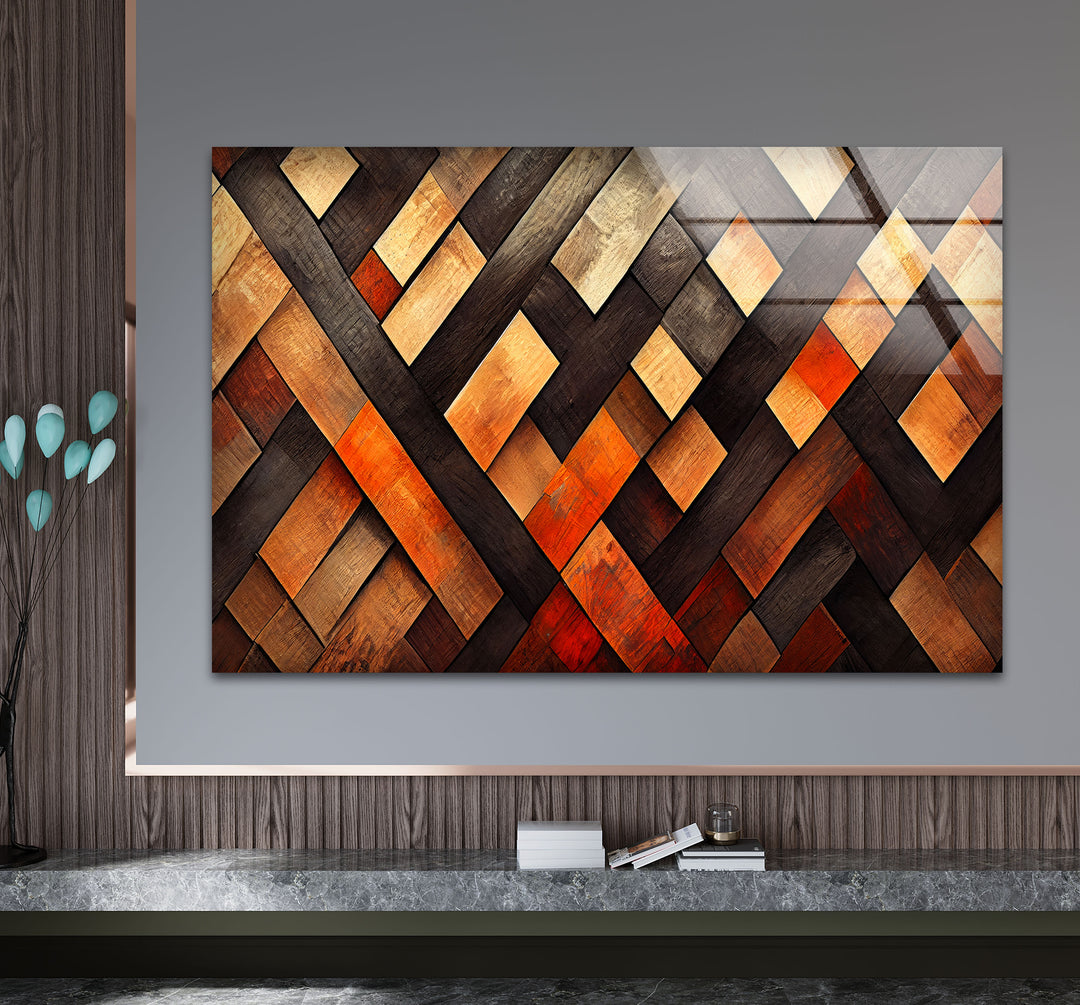 Rustic Wood Pattern Glass Wall Art – Geometric Wooden Texture Design