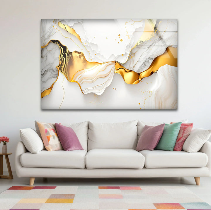 White and Gold Abstract Wall Art – Luxury Fluid Marble Glass Print for Modern Glam Interiors and Chic Living Spaces - MyPhotoStation