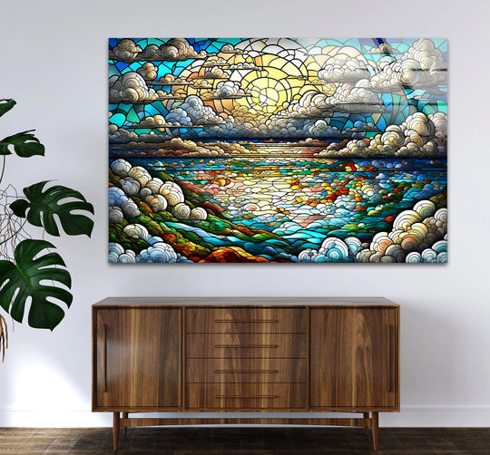 Serene Ocean Sunset Stained Glass Wall Art – Coastal Landscape Window Design - MyPhotoStation