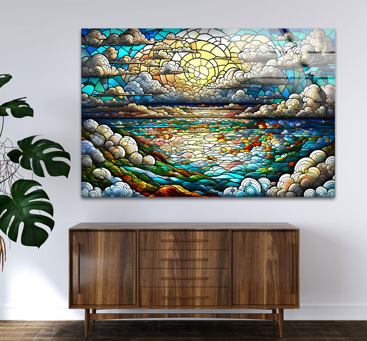 Serene Ocean Sunset Stained Glass Wall Art – Coastal Landscape Window Design