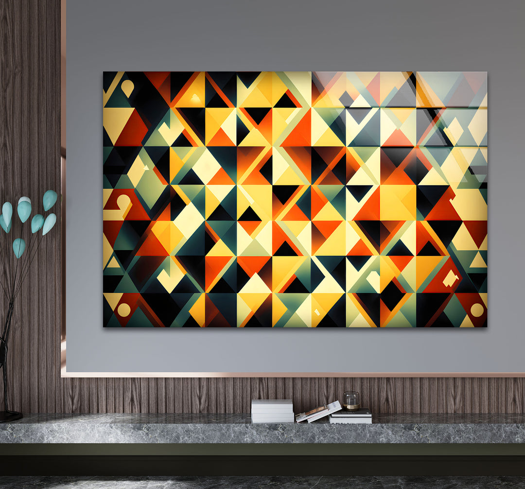 Geometrische Wandkunst aus Bernsteinglas – Auffälliges Retro-Dreiecksmuster-Dekor 