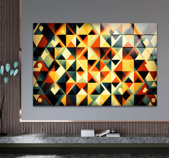 Geometrische Wandkunst aus Bernsteinglas – Auffälliges Retro-Dreiecksmuster-Dekor 