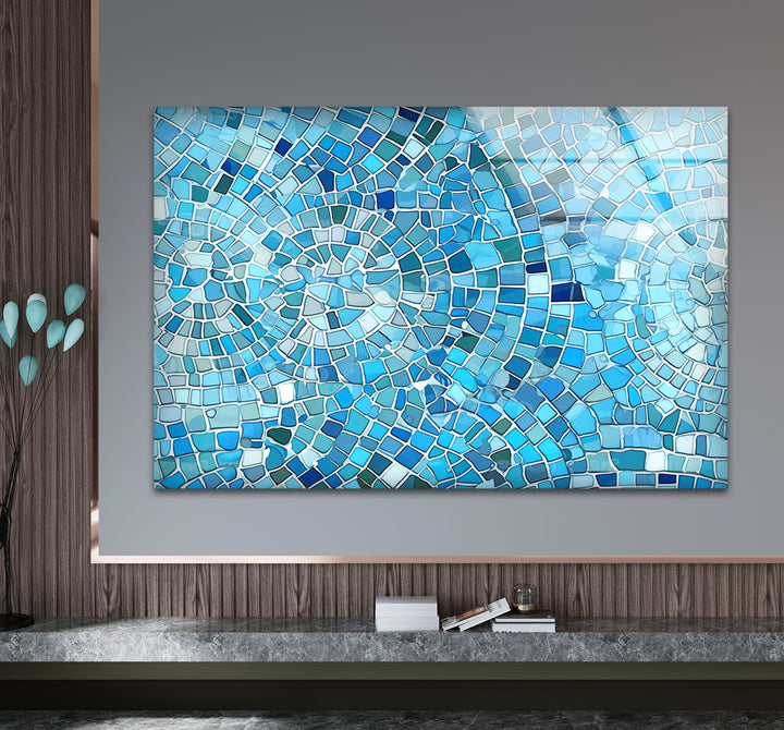 Aqua Blue Mosaic Glass Wall Art – Coastal Geometric Decor for Bathroom & Spa