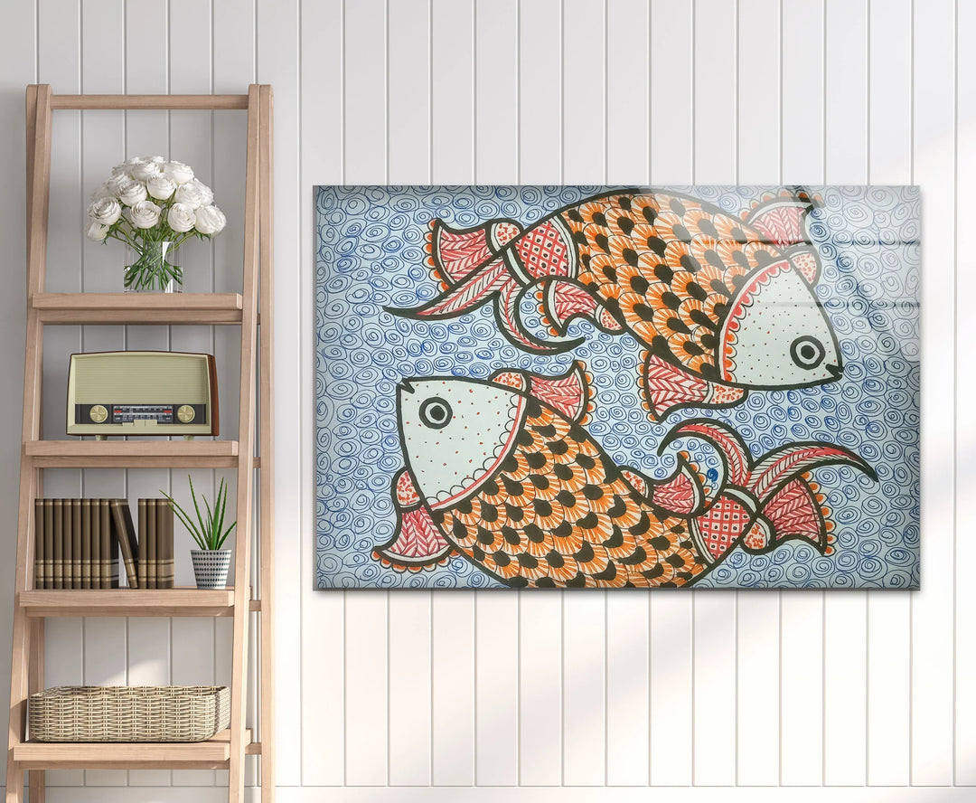 Traditional Folk Art Fish Wall Decor – Vibrant Indian Style Glass Print - MyPhotoStation