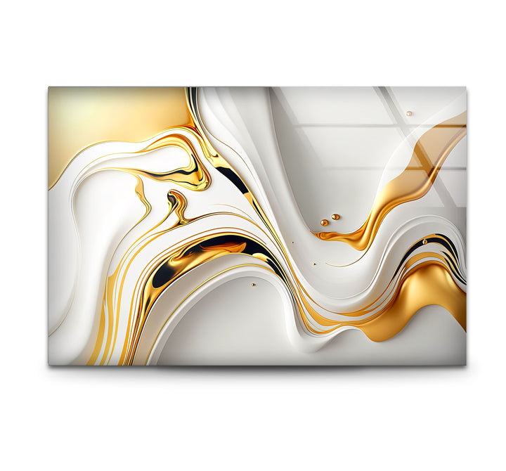 White Gold Fluid Wall Art – Modern Abstract Glass Print for Interior Elegance