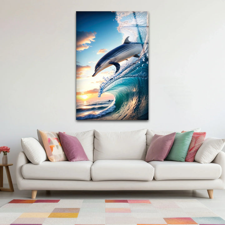 Jumping Dolphin Glass Wall Art – Ocean Wave Sunset Scene for Coastal Decor - MyPhotoStation