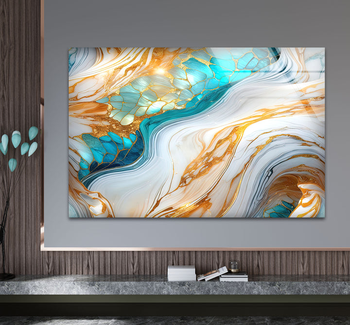Luxuriöse Wandkunst aus goldenem und türkisfarbenem Marmor – Abstraktes, fließendes Design für moderne Innenräume