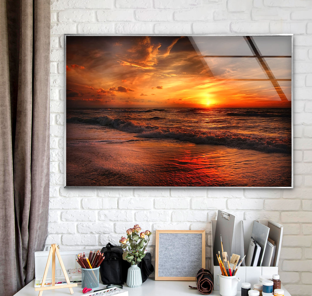 Fiery Sunset Ocean Wall Art – Bold Coastal Glass Print for Dramatic and Modern Interiors