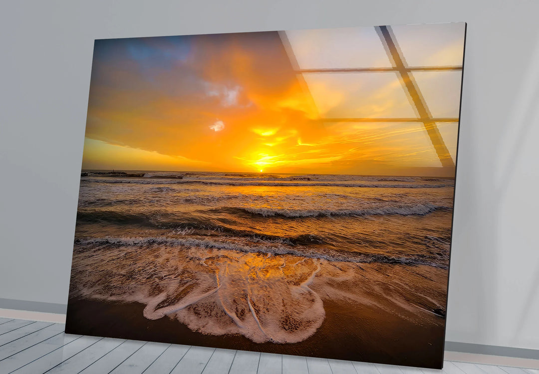 Golden Sunset Over Ocean Waves – Seashore Wall Art on Tempered Glass - MyPhotoStation