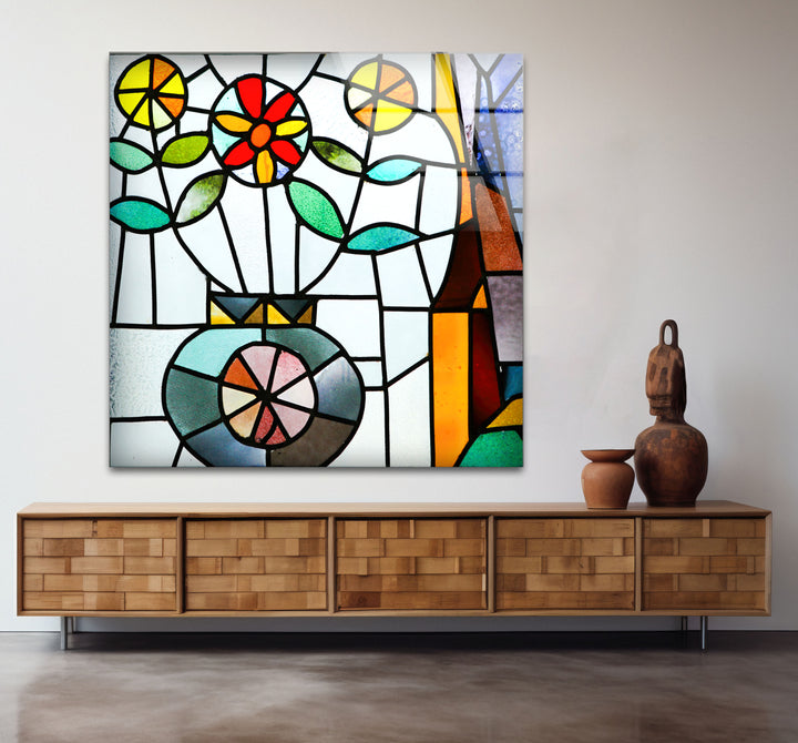 Floral Stained Glass Wall Art – Colorful Flower Vase Mosaic Panel