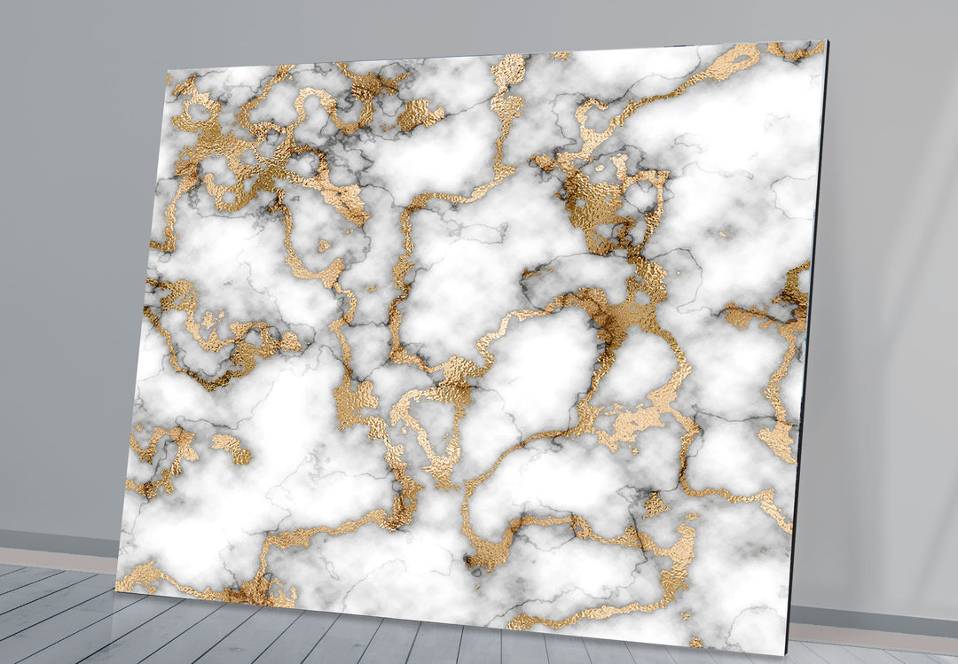 White Marble and Gold Wall Art – Elegant Abstract Glass Print with Luxe Metallic Veining for Glamorous and Modern Interiors