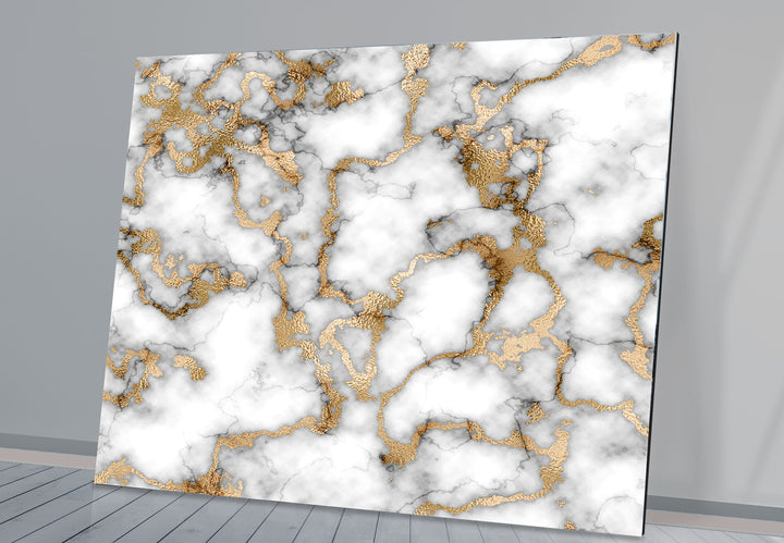 White Marble and Gold Wall Art – Elegant Abstract Glass Print with Luxe Metallic Veining for Glamorous and Modern Interiors