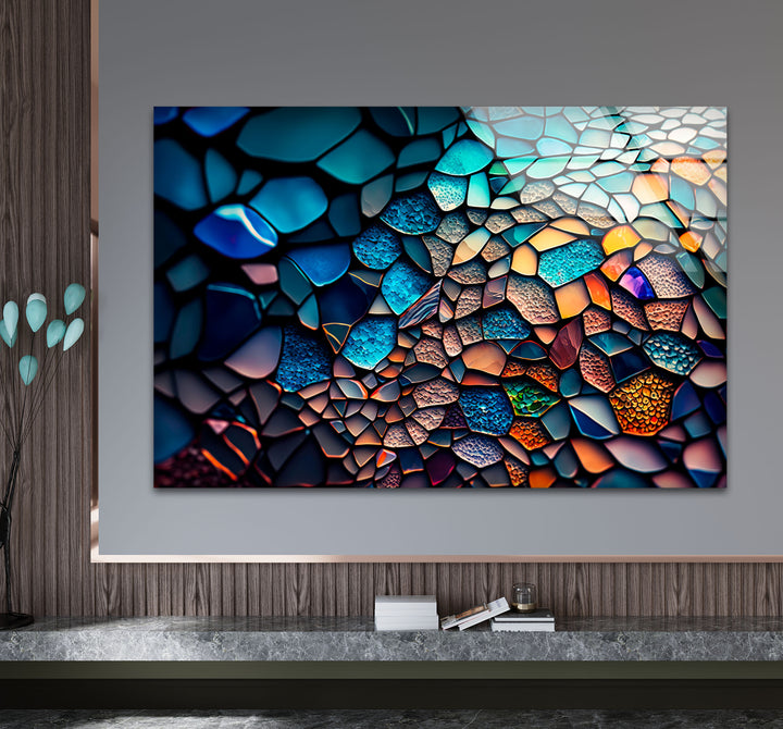 Strukturierte Mosaik-Glaswandkunst – Farbpalette des tiefen Ozeans, abstraktes steinähnliches Design 