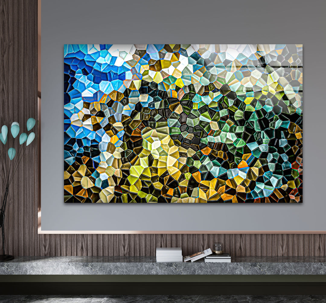 Abstract Mosaic Landscape Glass Wall Art – Colorful Geometric Nature Design