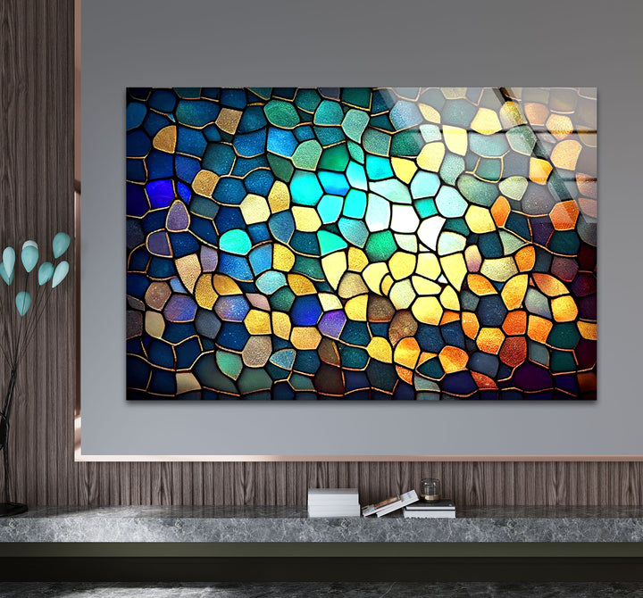 Moderne Wanddekoration aus Buntglas – Abstraktes Mosaikmuster in Blau und Gold