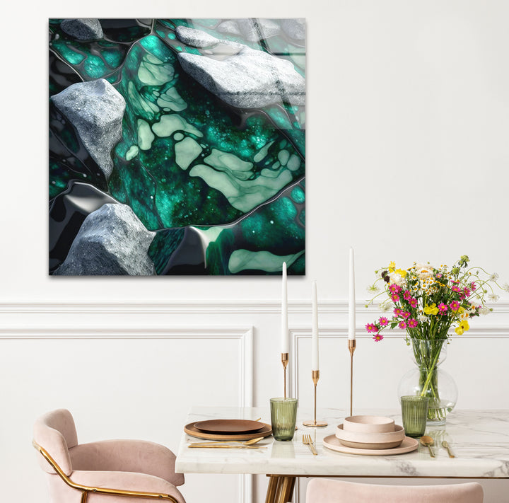 Emerald Stone Texture Wall Art – Abstract Green Glass Print with Marble and Rock Elements for Contemporary Nature-Inspired Decor