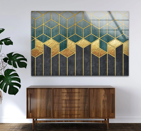 Geometric gold teal patterned glass print, a luxury decorative wall art with clean edges.