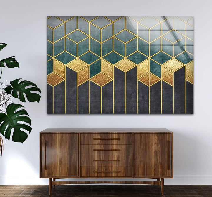 Gold Teal Geometric Wall Art – Luxury Patterned Glass Print for Modern Decor