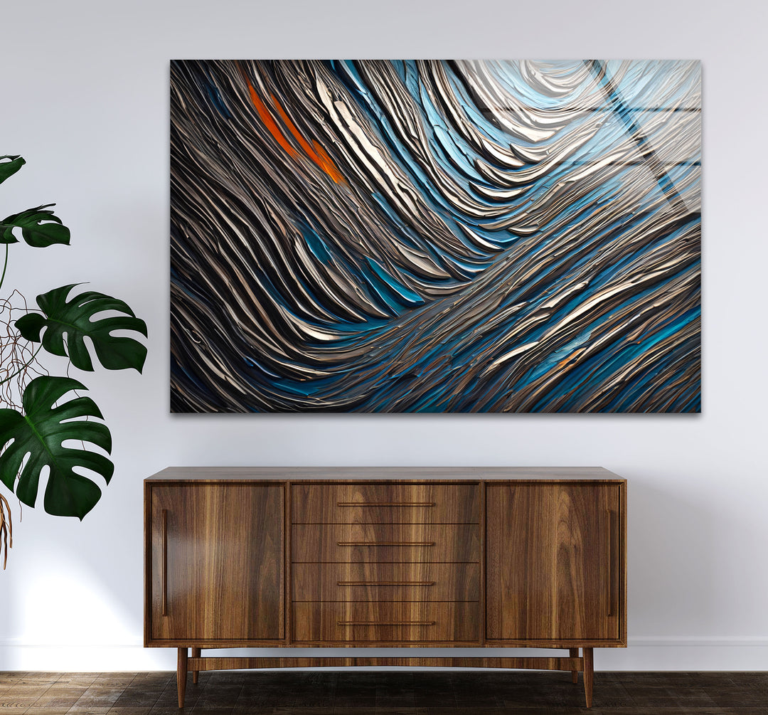 Textured Waves Abstract Glass Wall Art – Blue & Metallic Modern Decor