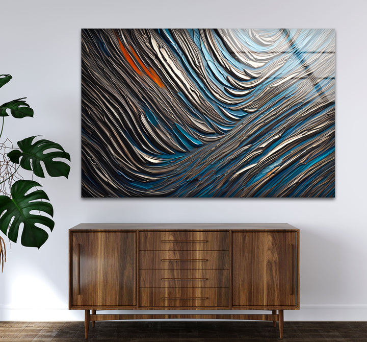Textured Waves Abstract Glass Wall Art – Blue & Metallic Modern Decor