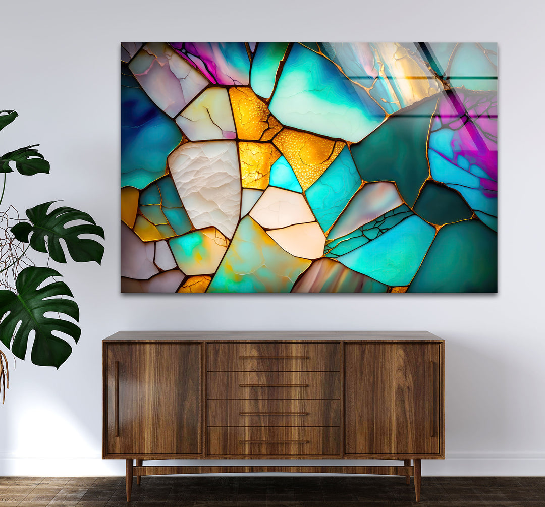Modern Stained Glass Abstract Wall Art – Teal & Gold Geometric Glass Print