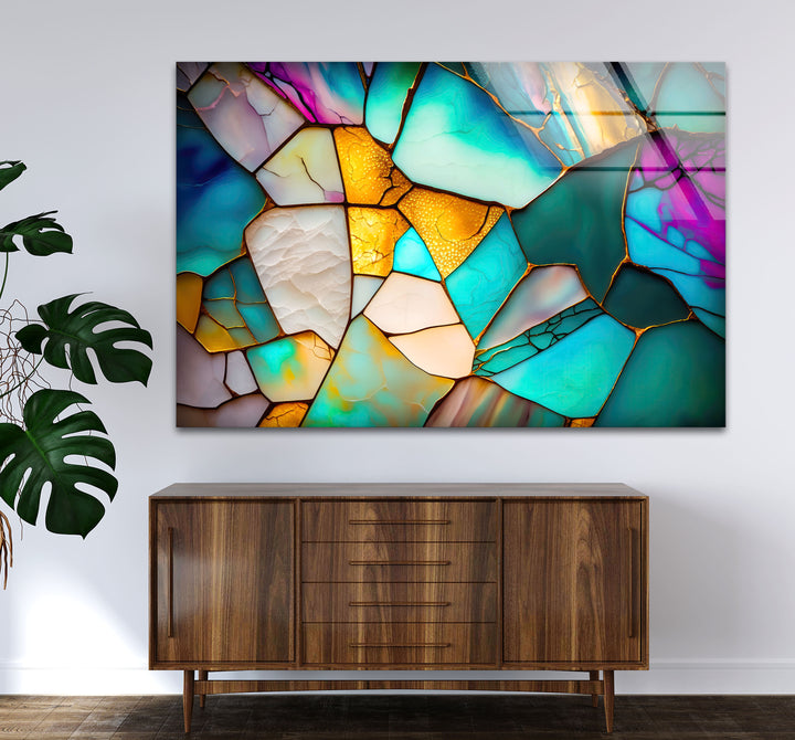 Modern Stained Glass Abstract Wall Art – Teal & Gold Geometric Glass Print