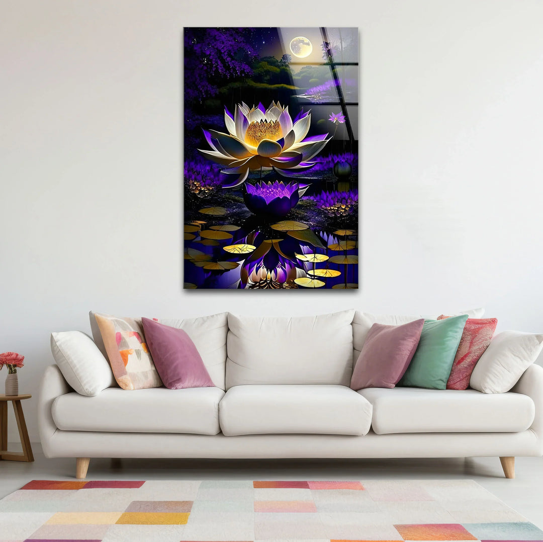 Moonlit Purple Lotus Glass Wall Art – Mystical Night Bloom Floral Print - MyPhotoStation