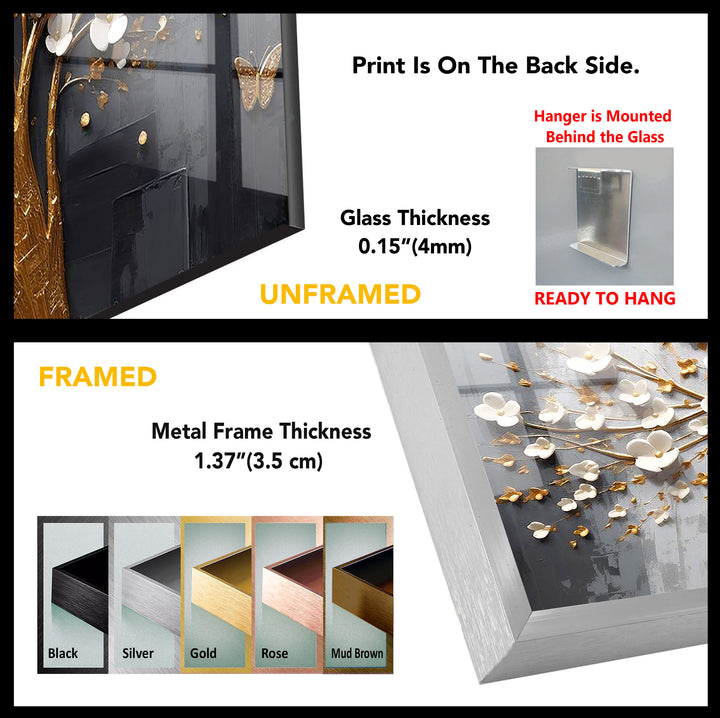 Golden Cherry Blossom Tree Wall Art – 3D Floral Glass Print with Butterflies