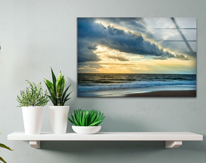 Stormy Sky Ocean Wall Art – Dramatic Cloudy Beach Glass Print for Modern Coastal Interiors