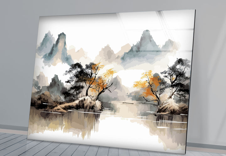 Serene Mountain Lake Wall Art – Asian Landscape Ink Style Glass Print