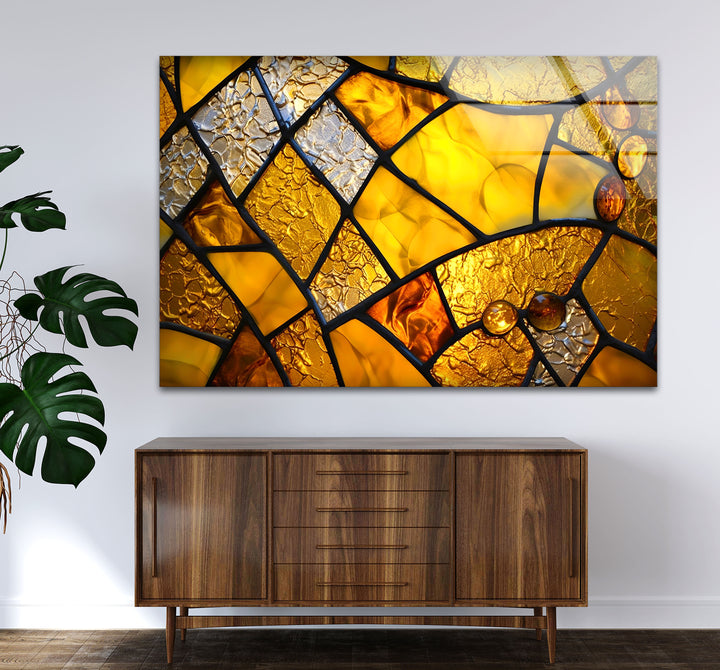 Goldene Buntglas-Wandkunst – Abstrakter strukturierter Glasdruck für Zuhause und Büro