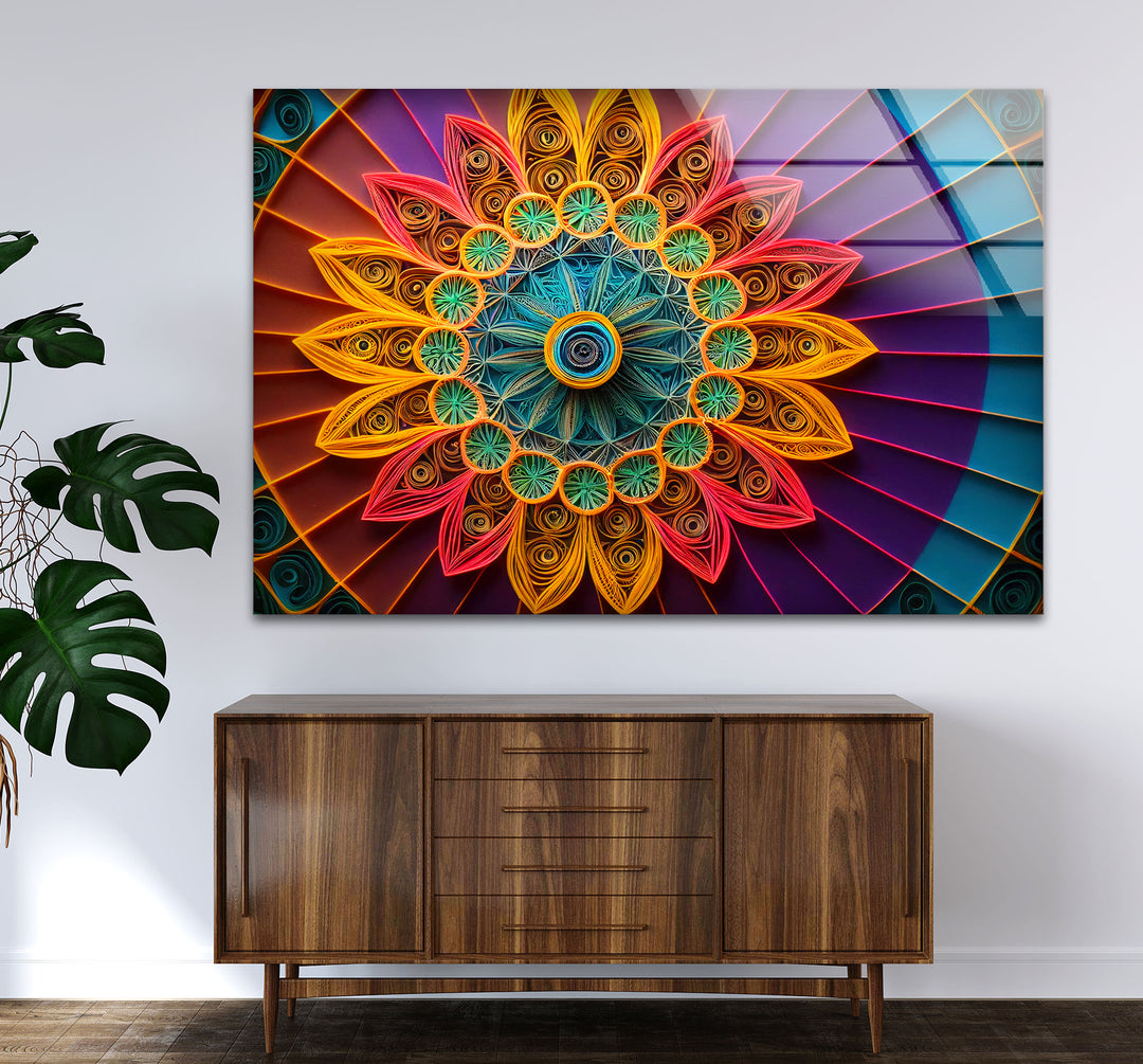Mandala Glass Wall Art – Vibrant 3D Geometric Paper Design